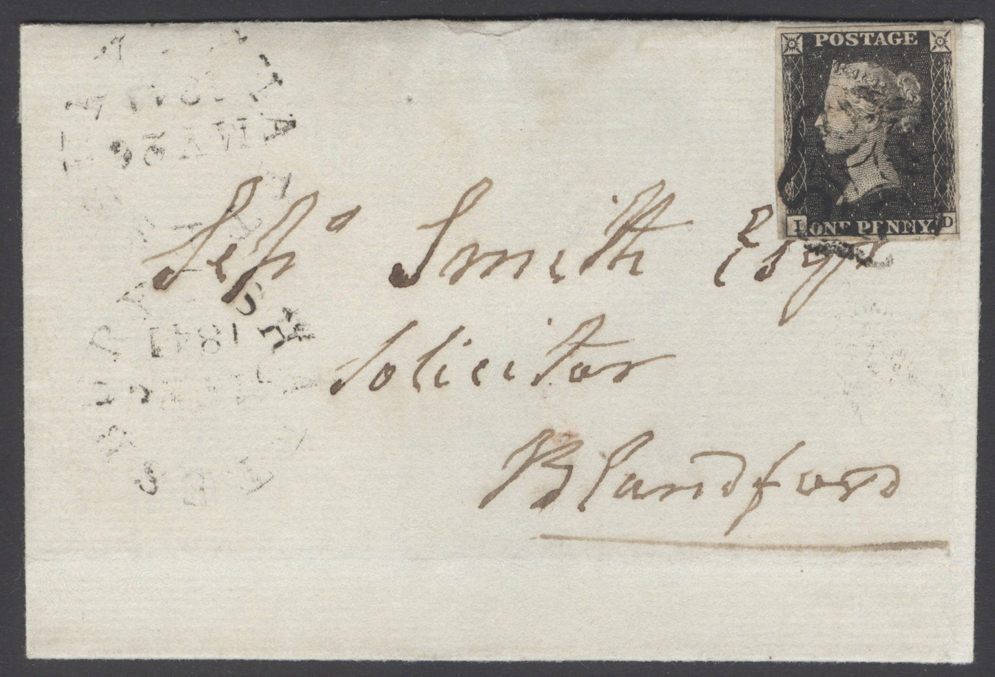 SG 3 1d grey-black plate eleven lettered ID. Used on cover from Shaftsbury to Blandford. 4 margins CAT £16,000. David Brandon cert