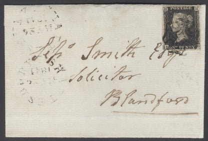 SG 3 1d grey-black plate eleven lettered ID. Used on cover from Shaftsbury to Blandford. 4 margins CAT £16,000. David Brandon cert