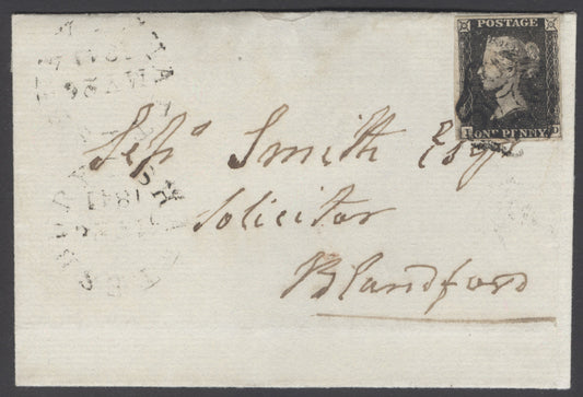 SG 3 1d grey-black plate eleven lettered ID. Used on cover from Shaftsbury to Blandford. 4 margins CAT £16,000. David Brandon cert