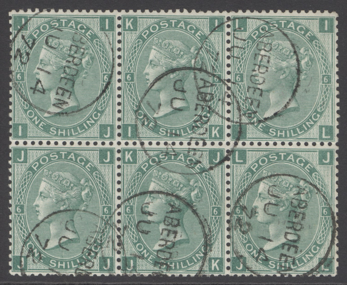 SG 117 1/- green plate 6 block of 6. Very fine used with Aberdeen, June 14th 1872 CDS’S. A superb multiple seldom seen in this quality