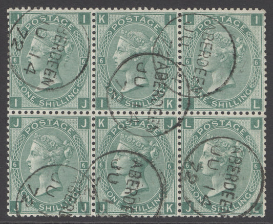 SG 117 1/- green plate 6 block of 6. Very fine used with Aberdeen, June 14th 1872 CDS’S. A superb multiple seldom seen in this quality
