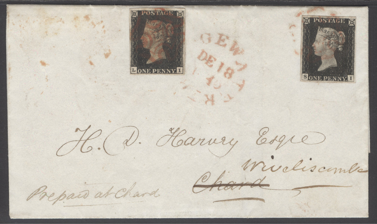 SG 2 1840 1d black plate 2 lettered SI tied by a faint red Maltese cross to 18 Dec 1840 wrapper to Chard with Bridgewater date stamp alongside...