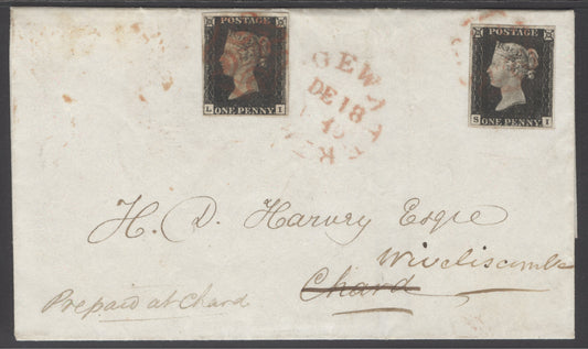SG 2 1840 1d black plate 2 lettered SI tied by a faint red Maltese cross to 18 Dec 1840 wrapper to Chard with Bridgewater date stamp alongside...