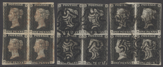 SG 2 1d black plates 1b, 2 & 8 in blocks of 4. Plate 1b fine used with red Maltese cross, margins vary just into in places. Plate 2 cancelled with black crosses, margins vary. Plate 8 fine used with black crosses....