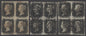 SG 2 1d black plates 1b, 2 & 8 in blocks of 4. Plate 1b fine used with red Maltese cross, margins vary just into in places. Plate 2 cancelled with black crosses, margins vary. Plate 8 fine used with black crosses....