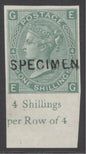 SG 117 1/- green plate 4 imperf, overprinted specimen (Spec J104s). A fine mounted mint, full marginal example with inscription CAT £500