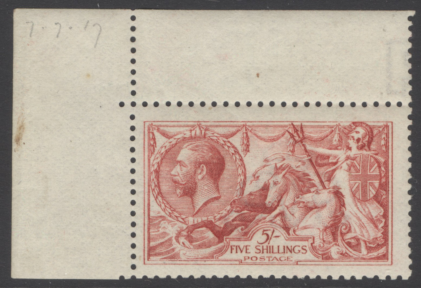 SG 410 5/- pale carmine. A fine fresh unmounted mint corner marginal example CAT £1400