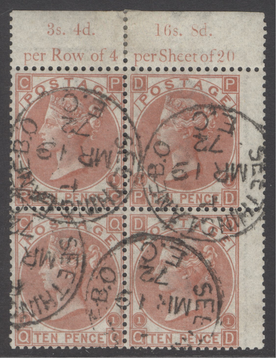 SG 112 10d red-brown upper right corner block of 4 with inscription. Very fine used with Seething Lane B.O/EC CDS’s, March 19th 1872. A scarce multiple CAT £2400 as a block of 4