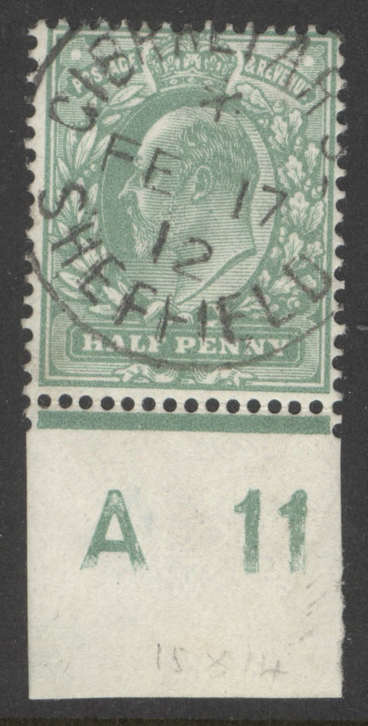 SG 279 ½d dull green perf 15x14. Very fine used marginal control example with a Sheffield, Feb 17th 1912 CDS