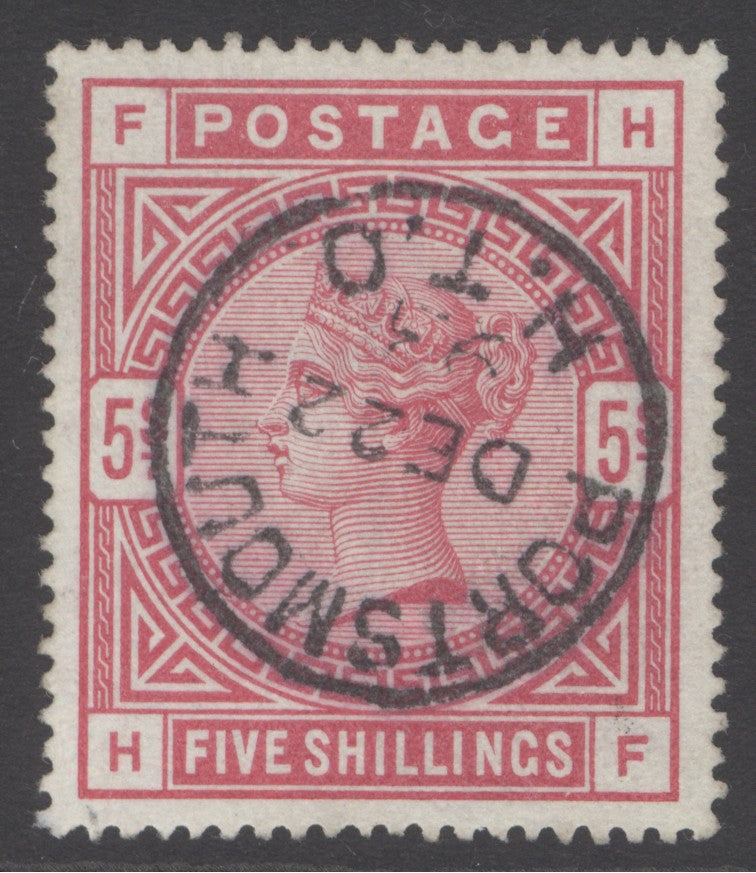 SG 180 5/- rose. Very fine used with a Portsmouth, Dec 23rd 1893. Good colour & well centred