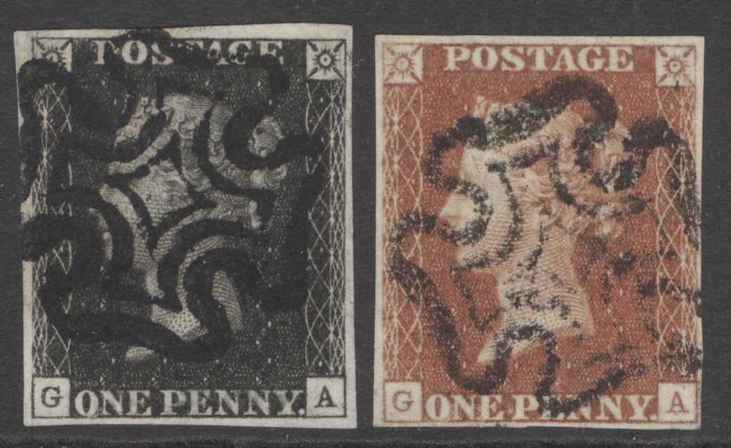 SG 3/7 1d matched pair plate 10 lettered GA. Very fine used, full margin examples