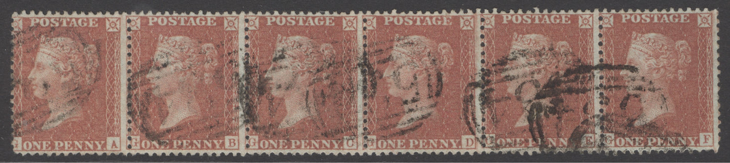 41.	SG 29 1d red-brown strip of 6 lettered GA-GF. Fine used, scarce multiple