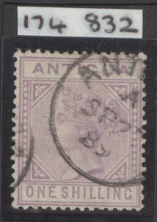 SG 30 Antigua 1884-86. 1/- mauve, watermark crown CA. Fine used part Antigua CDS CAT £140. RPS cert