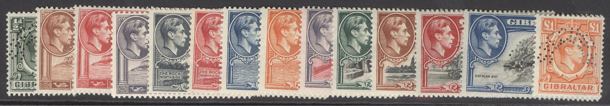 SG 121-131 Gibraltar 1938-51. ½d-£1 set of 14 ‘perf’ specimen. Fresh mounted mint...