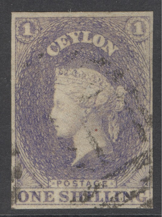 SG 10 Ceylon 1857-59. 1/- slate-violet. Very fine used. 4 margins CAT £225