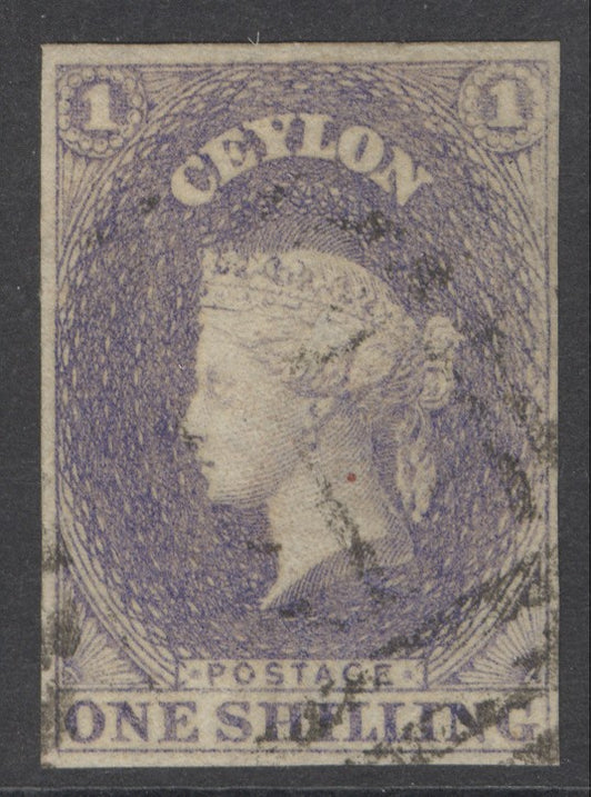 SG 10 Ceylon 1857-59. 1/- slate-violet. Very fine used. 4 margins CAT £225