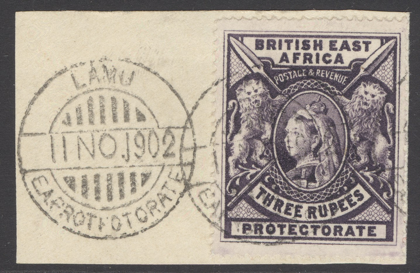 SG 94 BEA 1887-1903. 3r deep violet. Very fine used tied to small piece with a Lamu 1902 Eaprotfotorate CDS CAT £250