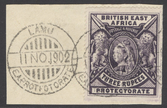 SG 94 BEA 1887-1903. 3r deep violet. Very fine used tied to small piece with a Lamu 1902 Eaprotfotorate CDS CAT £250