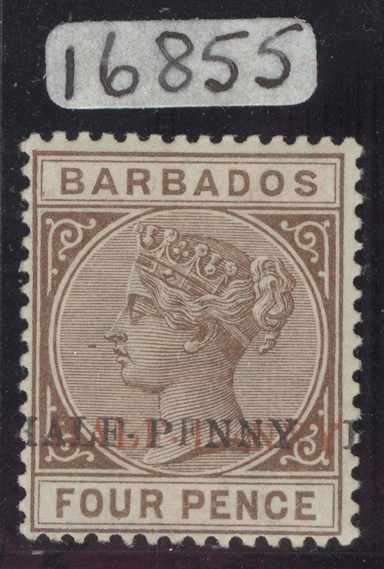 SG 104b Barbados 1892 ‘half-penny’ (type 5) 0n 4d deep brown with surcharge double in both red & black. Pristine lightly mounted mint. Scarce so fine. David Brandon cert CAT £900