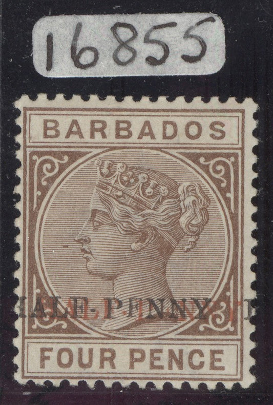 SG 104b Barbados 1892 ‘half-penny’ (type 5) 0n 4d deep brown with surcharge double in both red & black. Pristine lightly mounted mint. Scarce so fine. David Brandon cert CAT £900