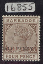 SG 104b Barbados 1892 ‘half-penny’ (type 5) 0n 4d deep brown with surcharge double in both red & black. Pristine lightly mounted mint. Scarce so fine. David Brandon cert CAT £900