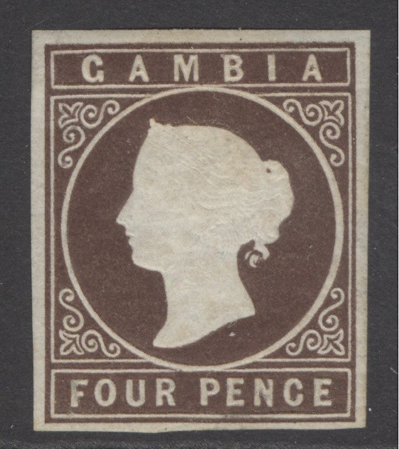 SG 1 Gambia 1869-72. 4d brown, no watermark. Lightly mounted mint. 4 fine margins CAT £600. RPS cert