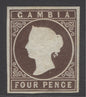 SG 1 Gambia 1869-72. 4d brown, no watermark. Lightly mounted mint. 4 fine margins CAT £600. RPS cert