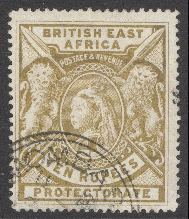 SG 97 BEA 1887-1903. 10r yellow-bistre. Very fine used with a part Mombasa CDS, leaving Queens profile clear CAT £800