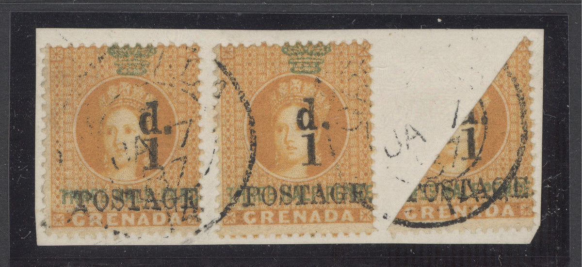 SG 37/37f Grenada 1886. 1d on 1½d orange. 2 singles & a bisected example. Very fine used on small piece, Jan 7th 1887