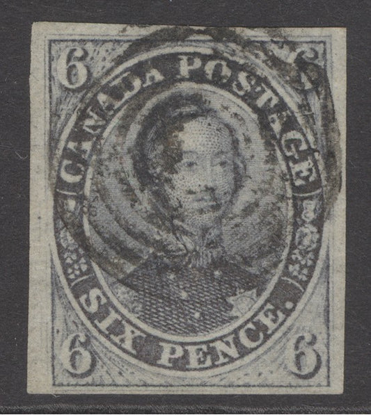 SG 9 Colony of Canada 1852-57. 6d slate-violet. Very fine used with 4 good/large margins CAT £1200