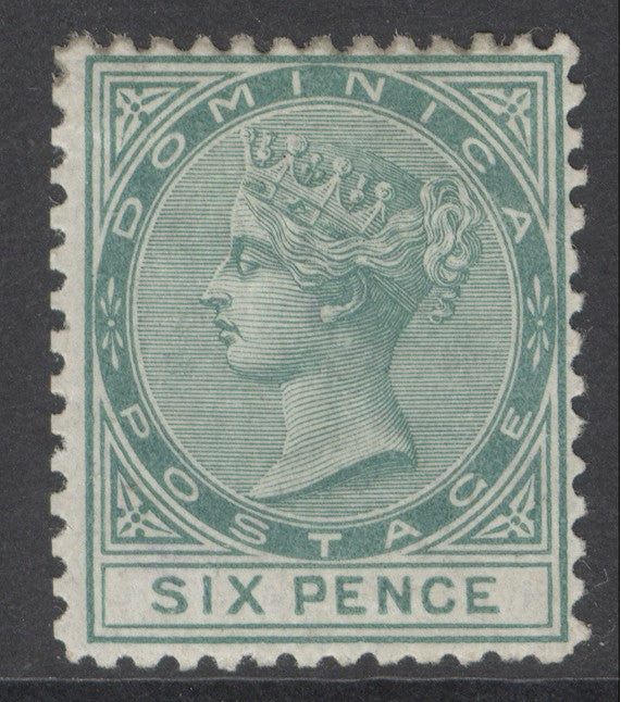 SG 2 Dominica 1874. 6d green, watermark CC, perf 12½. A fresh mounted mint example with good colour CAT £650