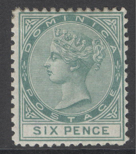 SG 2 Dominica 1874. 6d green, watermark CC, perf 12½. A fresh mounted mint example with good colour CAT £650