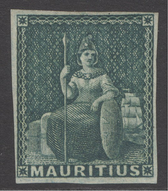 SG 27 Mauritius 1858-62 (4d) green. A fine fresh lightly mounted mint example with original gum. 4 margins CAT £475