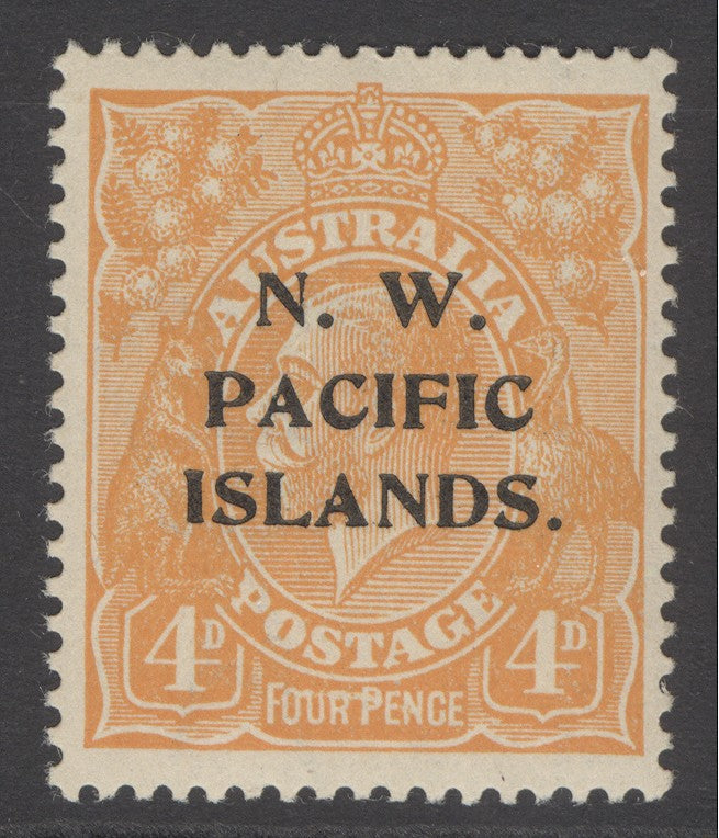 SG 104a Australia 1919. 4d orange-yellow, perf 14 with variety line through ‘four pence’. Very lightly mounted mint. Rare CAT £950. Peter Holcombe cert