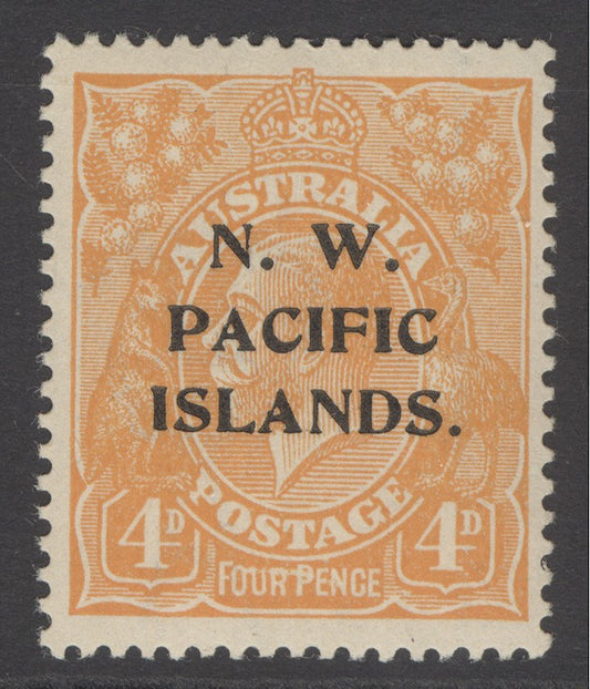 SG 104a Australia 1919. 4d orange-yellow, perf 14 with variety line through ‘four pence’. Very lightly mounted mint. Rare CAT £950. Peter Holcombe cert