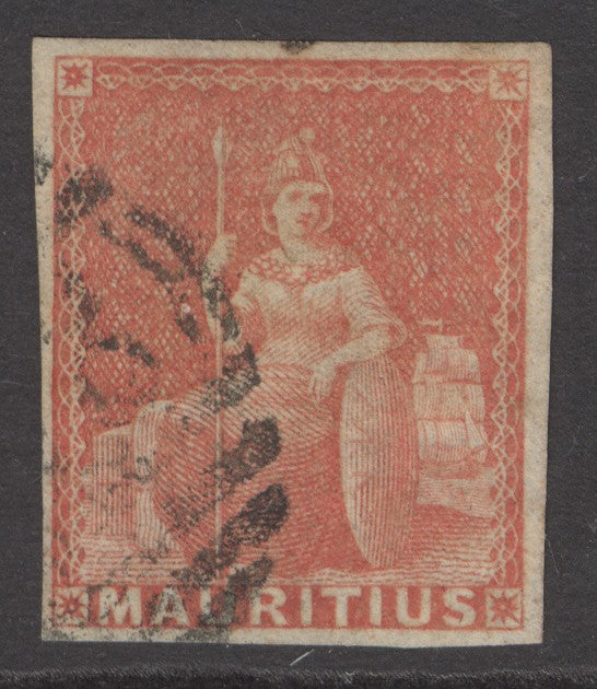 SG 28 Mauritius 1858-62 (6d) vermilion. Very fine used. 4 good margins CAT £120