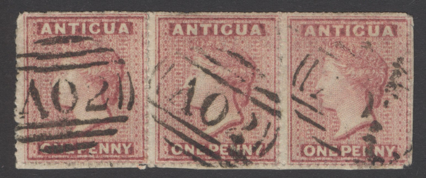 SG 5 Antigua 1863-67. 1d rosy-mauve. Very fine used strip of 3 with ‘A02’ St John obliterators CAT £240