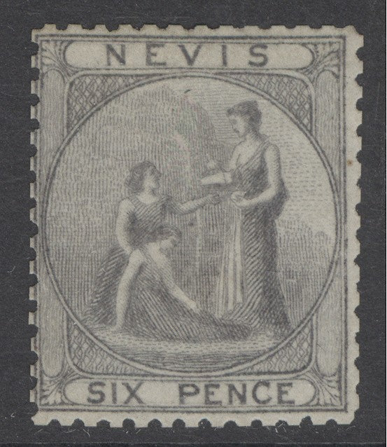 SG 3 Nevis 1862. 6d grey-lilac, perf 13. A fine fresh mint example without gum CAT £225