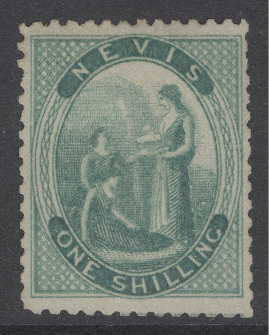 SG 4 Nevis 1862. 1/- green, perf 13. A fine fresh mint example without gum CAT £350