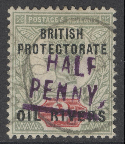 SG 9 Niger Coast protectorate 2½d green & carmine, surcharged ‘half’ in violet. Very fine used CAT £400. BPA cert.