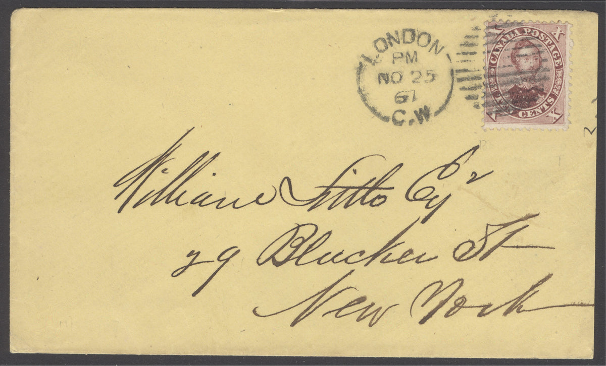 SG 38 Colony of Canada 1859. 10c bright red-purple used on envelope to New York, 27th November 1867. Fine, clean condition