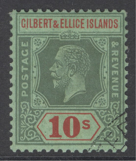 SG 35 Gilbert & Ellice 1922-27. 10/- green & red/emerald. Very fine used part registered cancel CAT £400