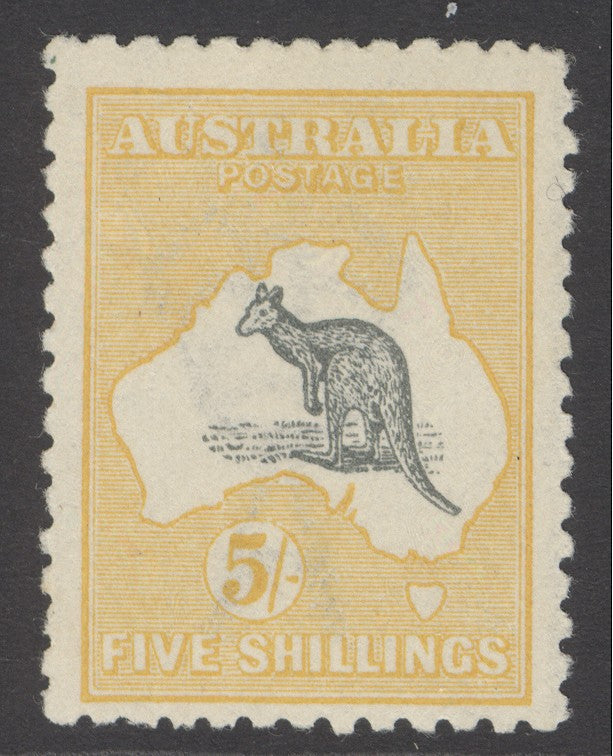 SG 30 Australia 1915. 5/- grey & yellow, watermark crown/ a type 5, perf 12, die 2. Very lightly mounted mint, good deep colour CAT £1000. BPA cert