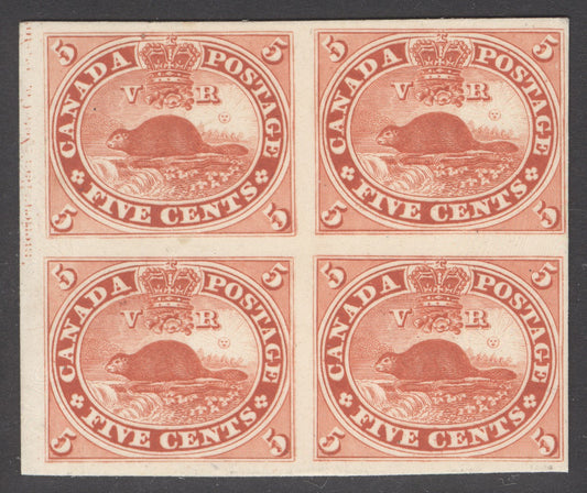 Colony of Canada 1859. 5c early proof block of 4 with part inscription on thick card. Full margins