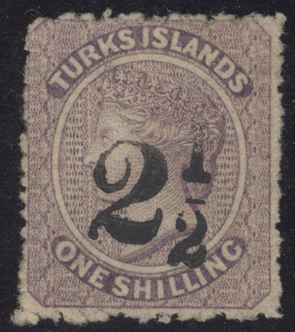 SG 29 Turks Islands 1881. 2½d on 1/- lilac. A fine fresh mint example without gum CAT £650. BPA cert