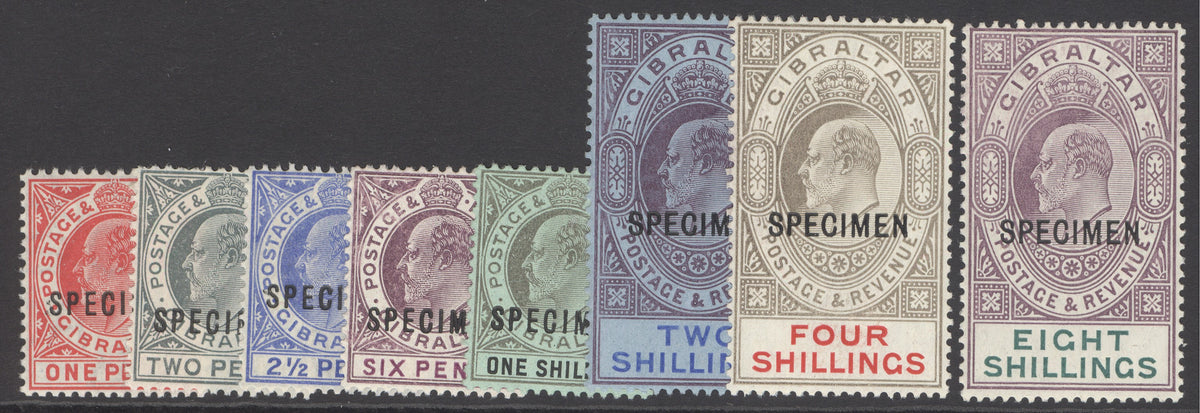SG 66-74 Gibraltar 1906-11. 1d-8/- set of 8, overprinted specimen. Unmounted mint, very fresh examples. Scarce...