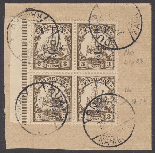 SG B1 Cameroon 1915. ½d on 3pf brown block of 4. Very fine used on piece with Kamerun CDS’s CAT £220