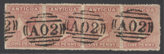 SG 6 Antigua 1863-67. 1d dull ropse. Very fine used strip of 4 with ‘A02’ St Johns obliterators CAT £220