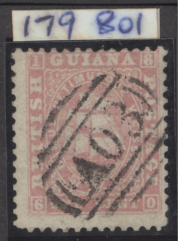 SG 29 British Guiana 1860-63. 1c pale rose, thick paper, perf 12. Neatly used by ‘A03’ CAT £275. RPS cert