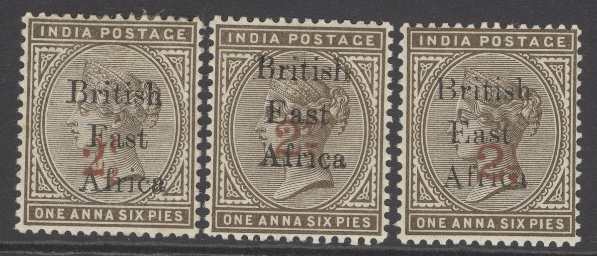 SG (51) BEA 1895. 2½a on 1½a sepia with overprint types 12, 13 & 14 with larger UPV overprints...